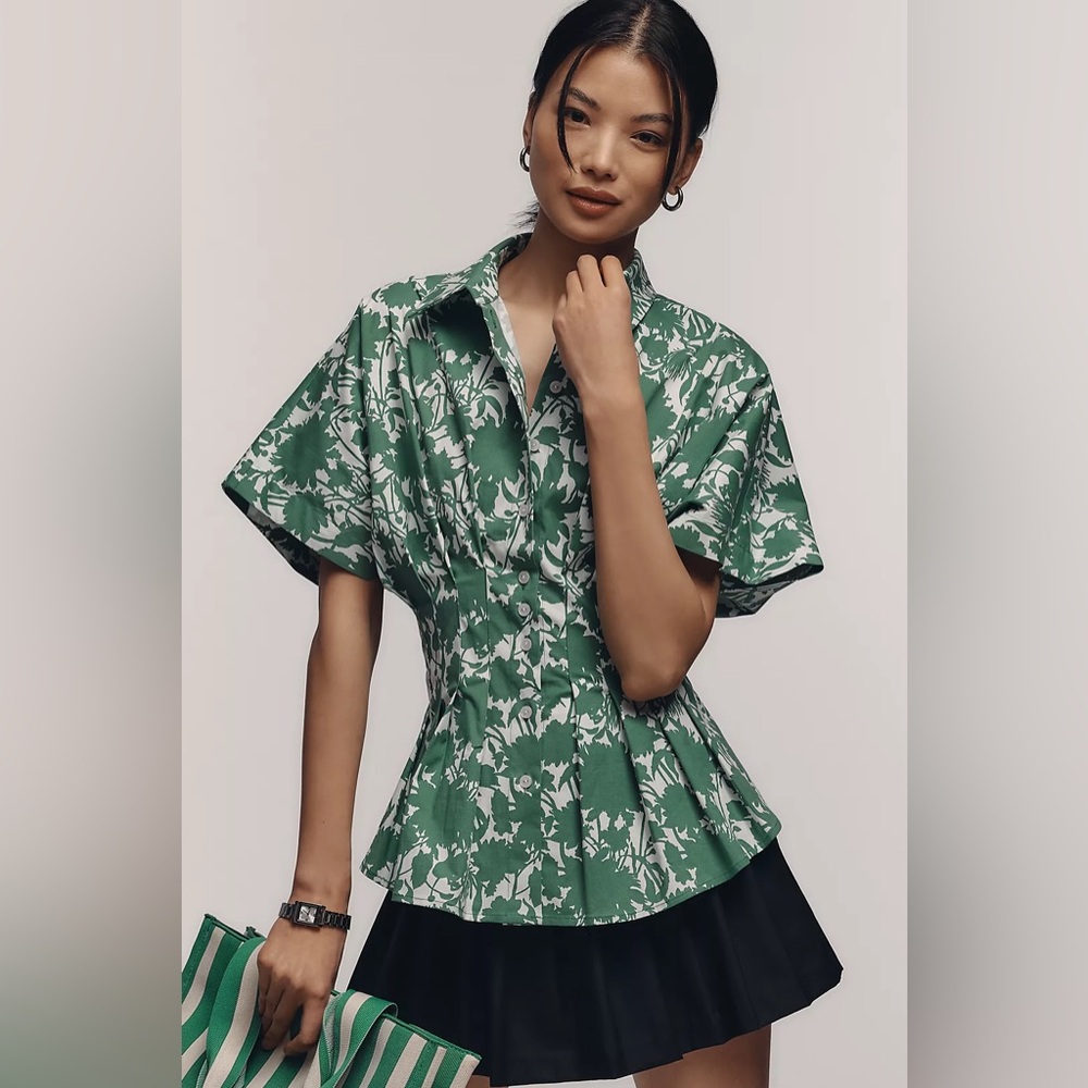 NWT Size S -The Tobie Cotton Short-Sleeve Pleated Blouse Exquise (NWT US$ 138)